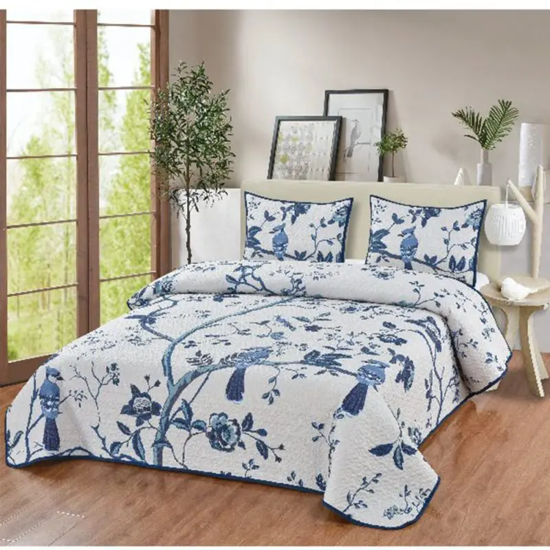 Floral Comforter Set Queen, Blue Floral Printed on Light Grey